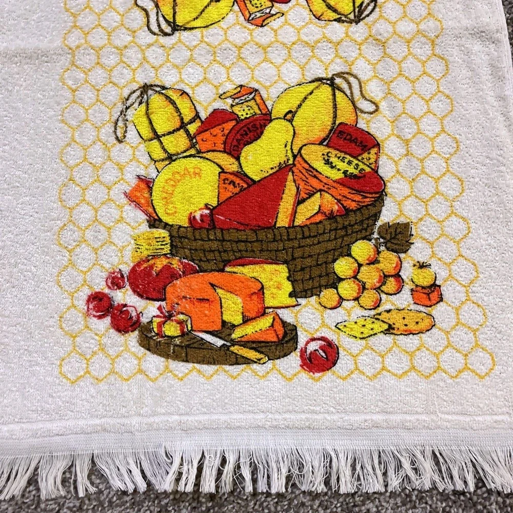 VTG CANNON Hand Kitchen Towel Fringe 70s NOS Farmhouse Cheese Charcuterie Orange